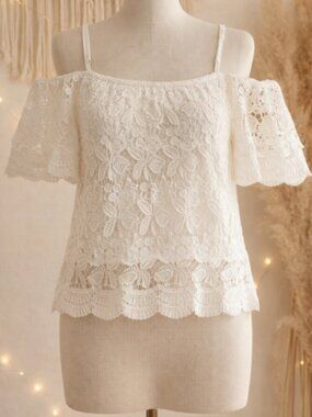 Miss Chievous White Lined Lace Top Shirt L Boho Cottagecore Feminine Festival